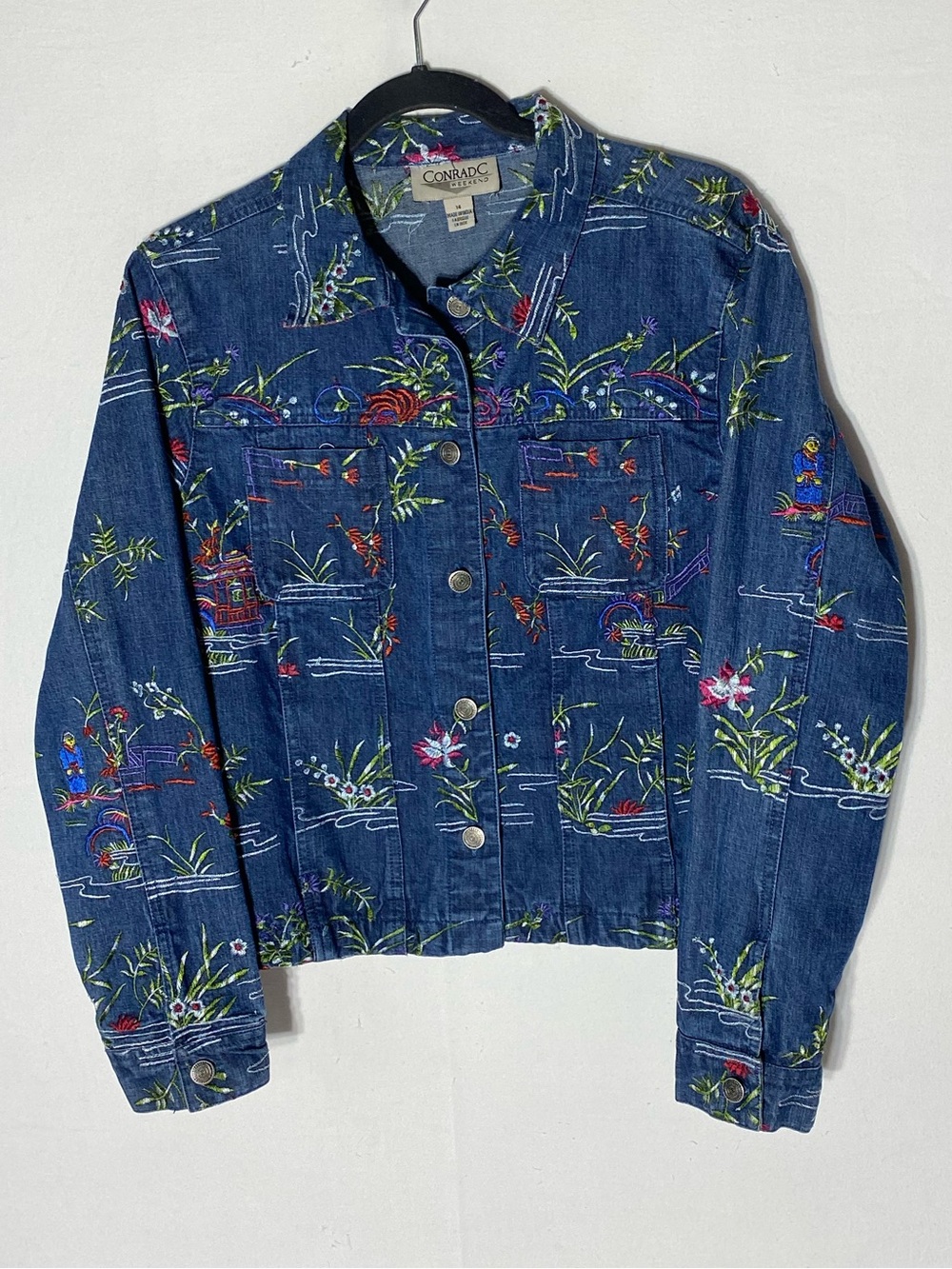 Vintage 90s Conrad C Chinoiserie Embroidered Floral Pond Scene Jean Jacket S